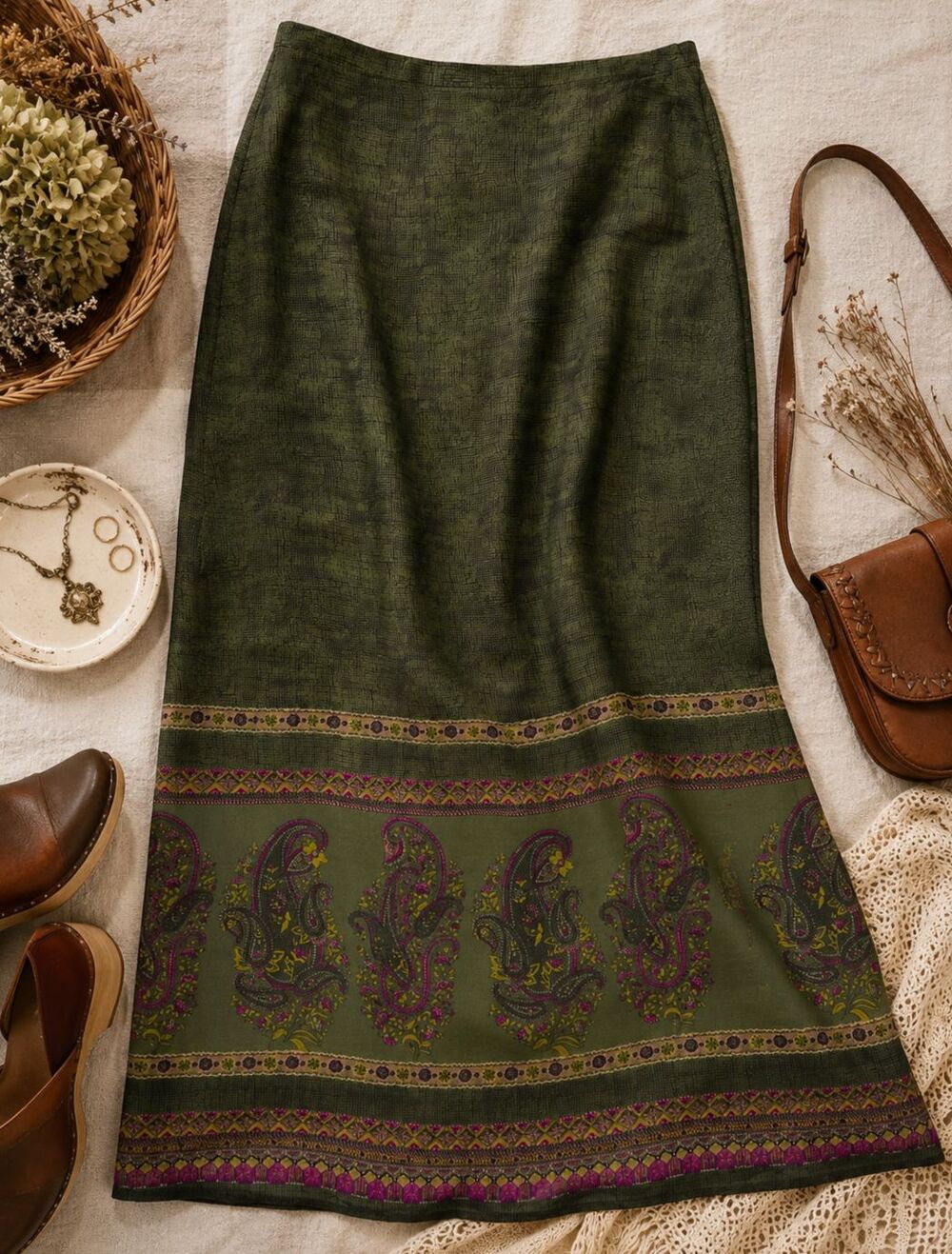 Vintage Valerie Stevens Petite 100% Silk Paisley Midi Skirt Olive Green Boho 8P